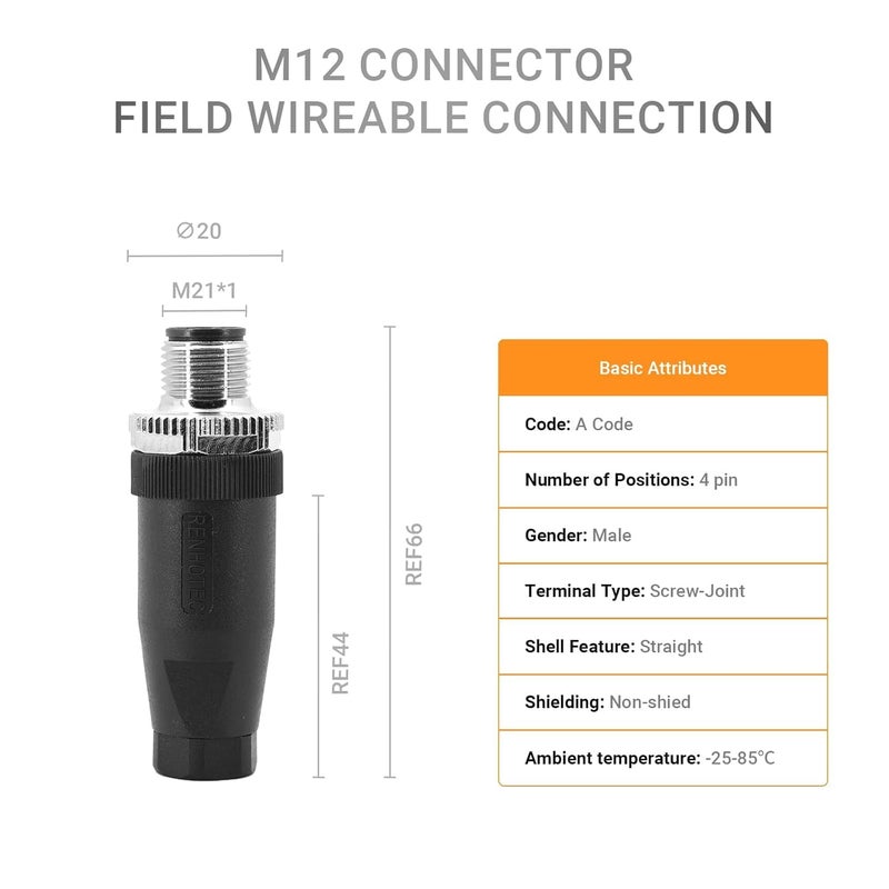 Elecbee 10pcs M12 4 Pin Connector Field Wireable A Code Straight Male Plug Non-Shield 12mm Industrial Circular Connector, Outdoor Waterproof IP67 - Image 4